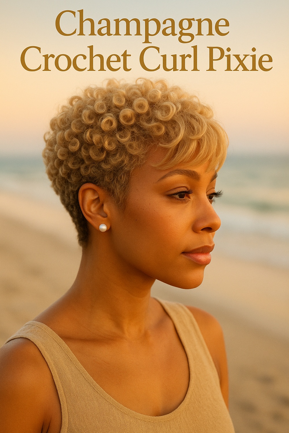 Champagne Crochet Curl Pixie and Feathered Side Fringe