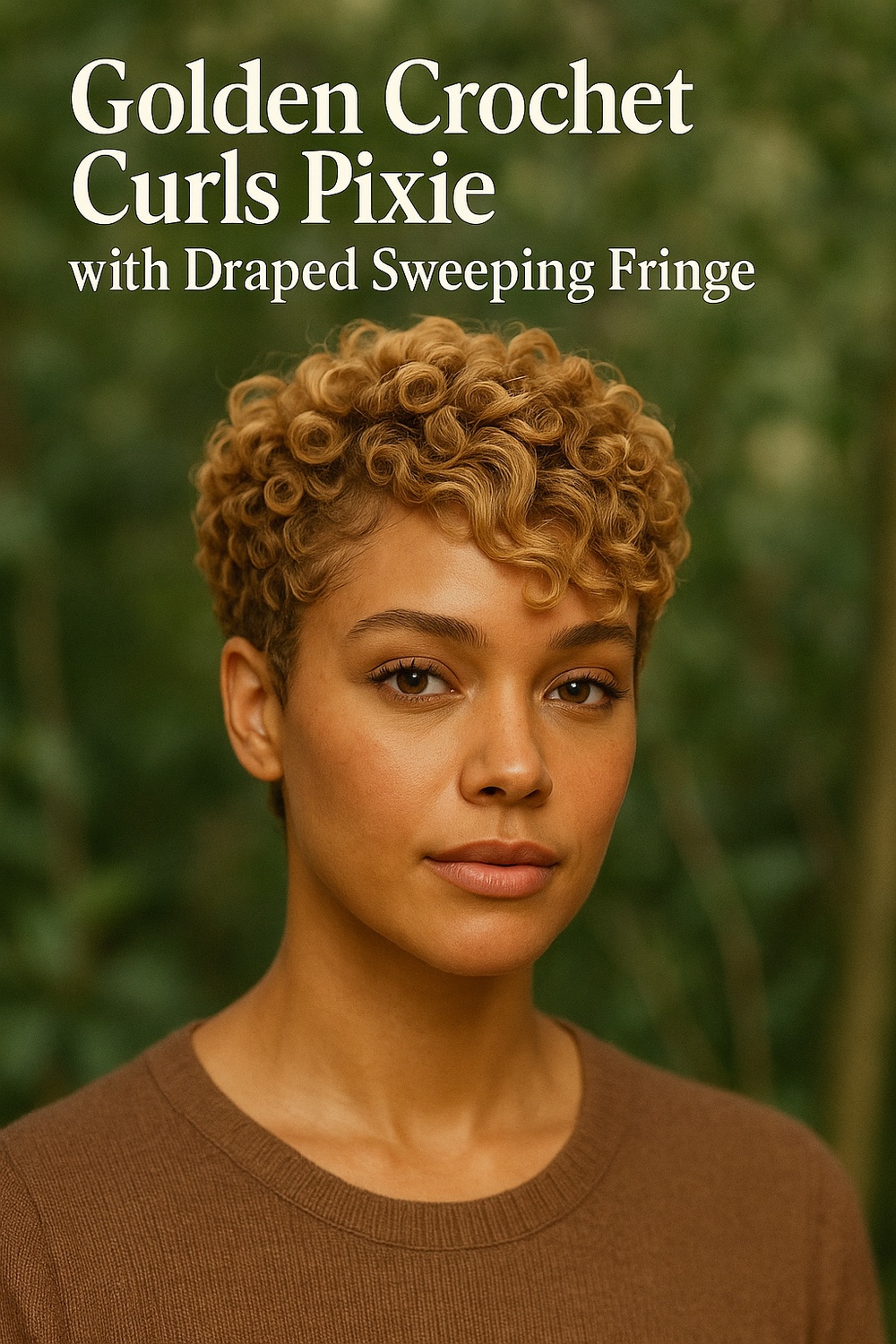 Golden Crochet Curls Pixie with Draped Sweeping Fringe