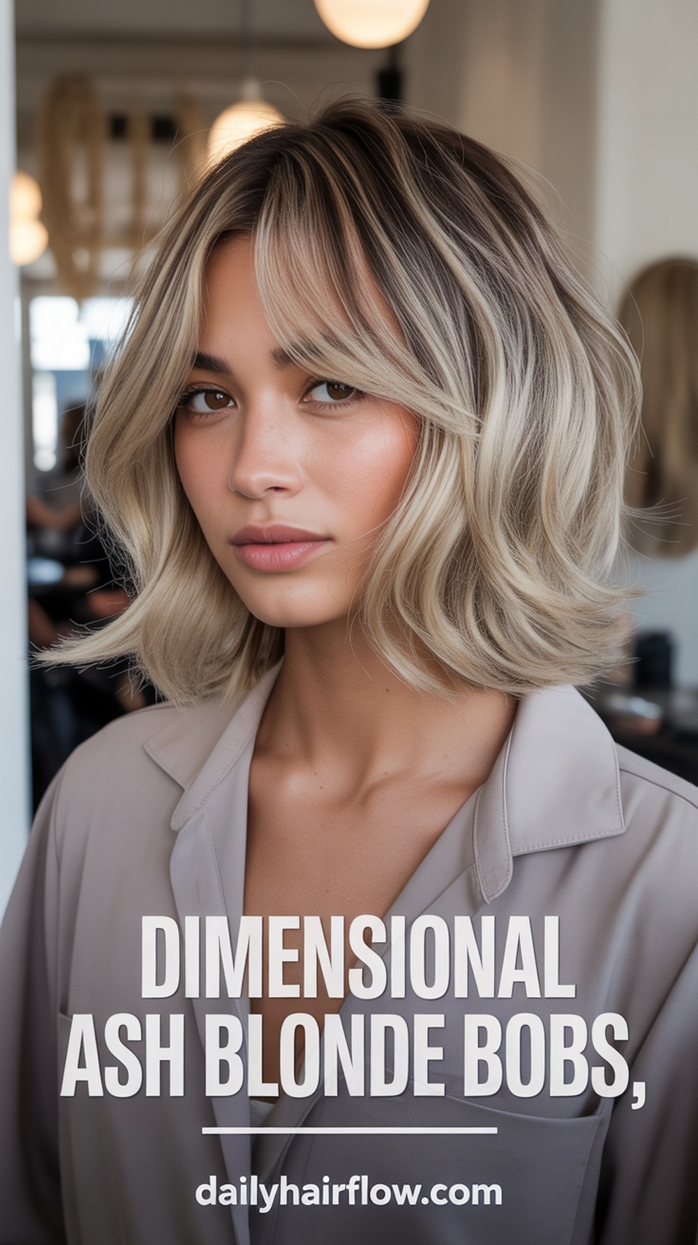 Layered Ash Blonde Bob with Shadow Root