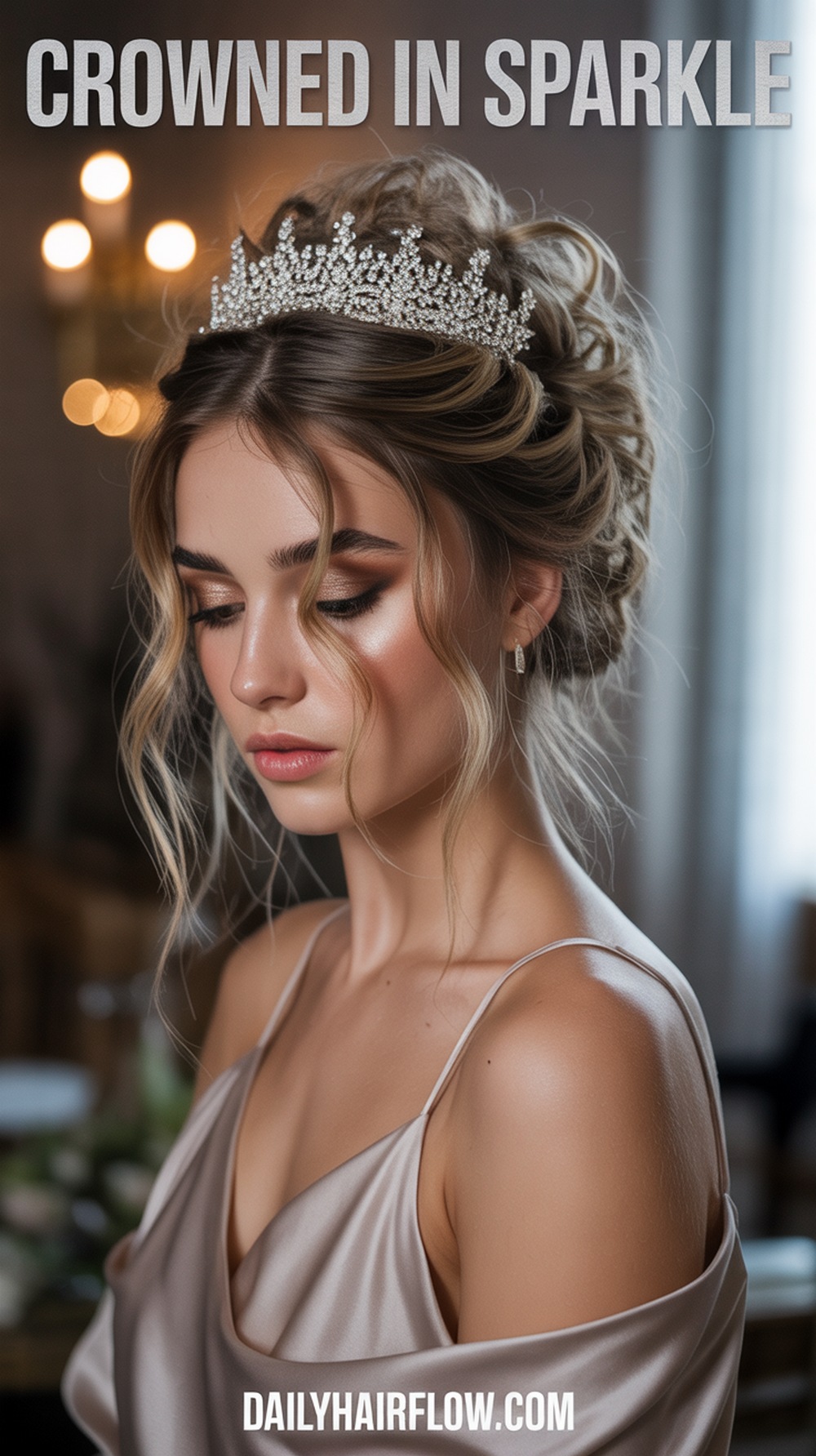 Messy Updo with a Rhinestone Crown