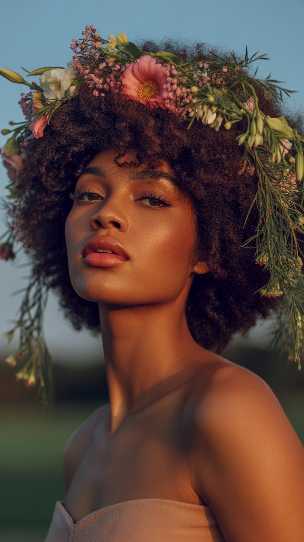 Afro with Fresh Floral Crown Hairstyle