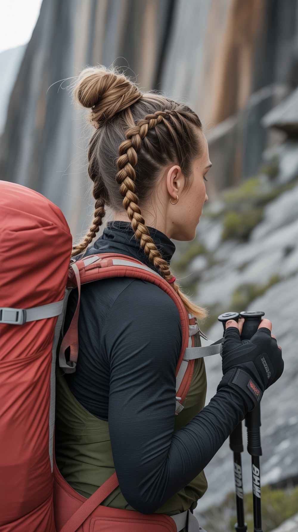 Boxer Braids into Bun Hiking Hairstyle