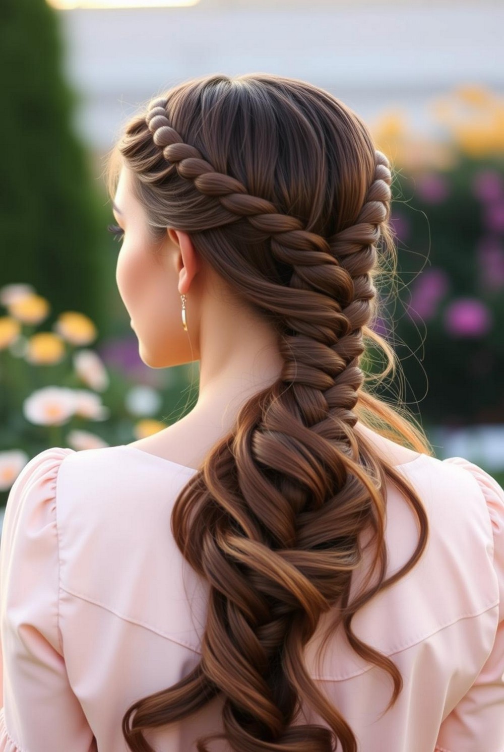 Braided Crown into Spring Long Ponytail Hairstyle