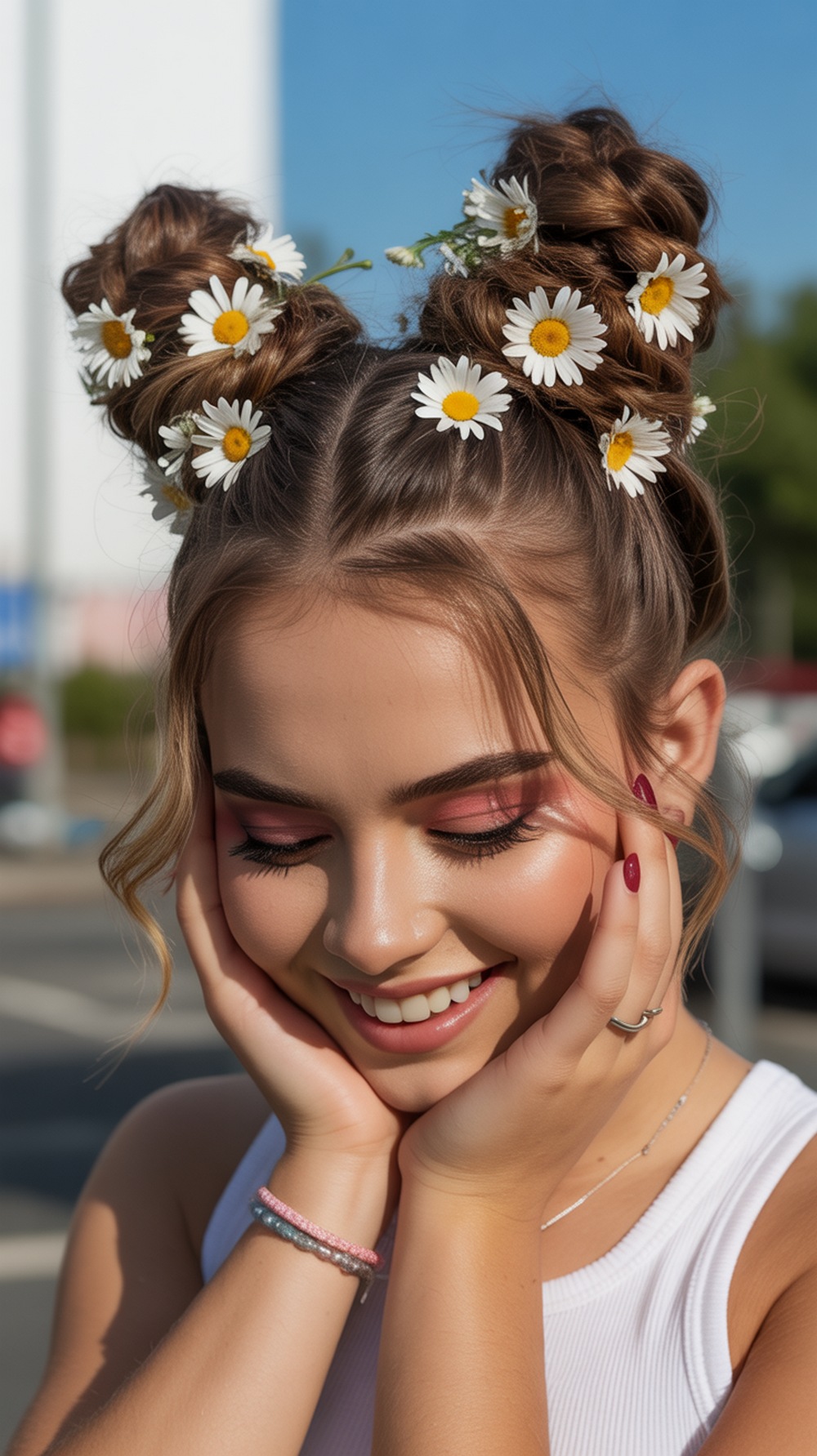 Braided Space Buns with Daisies Hairstyle