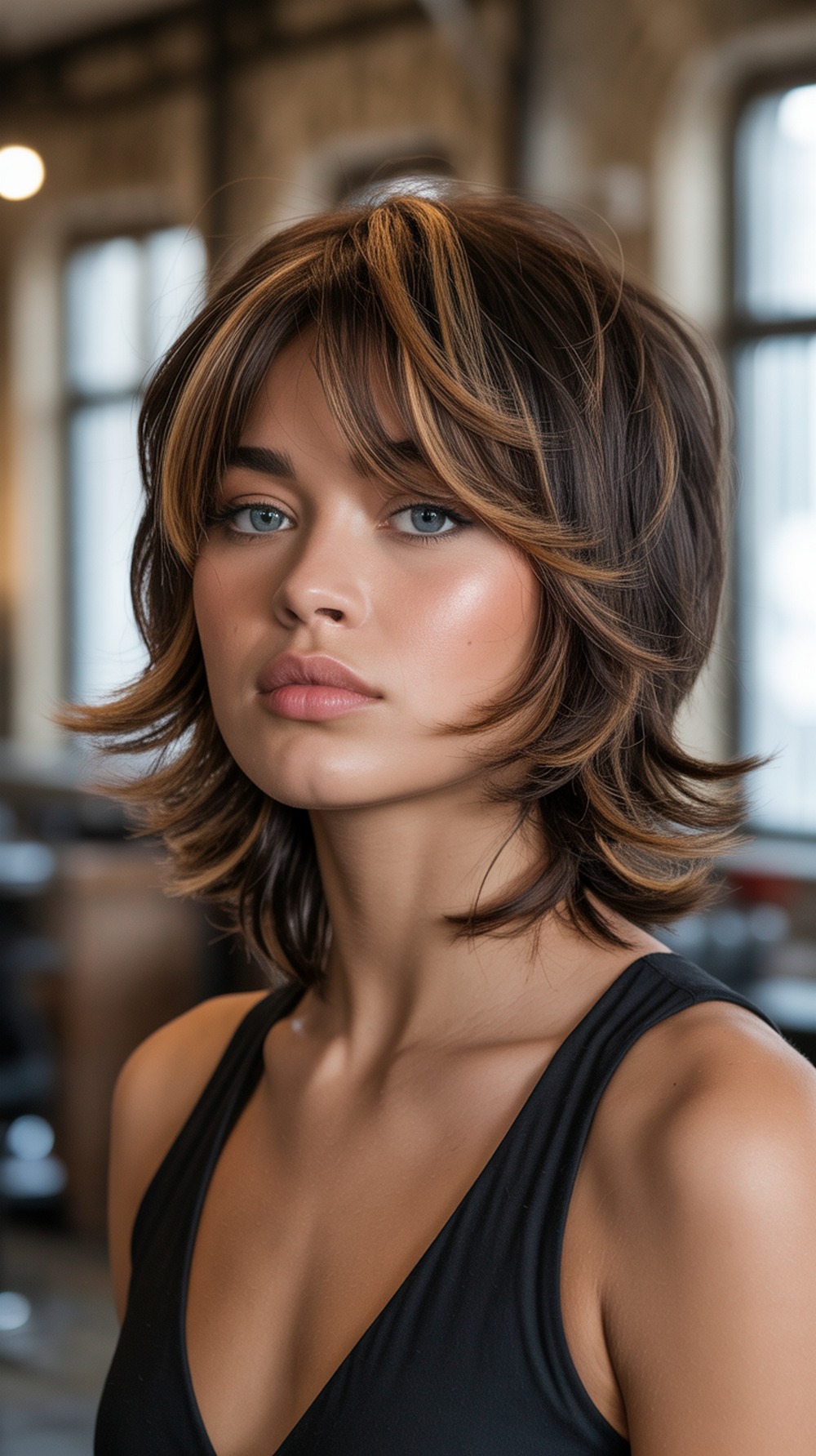 Brunette Shag Cut with Caramel Contrast