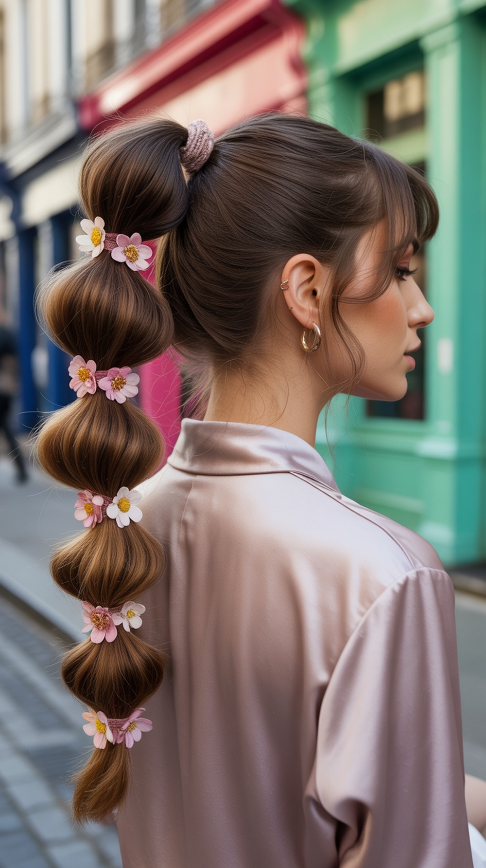 Bubble Ponytail with Floral Wrap Hairstyle