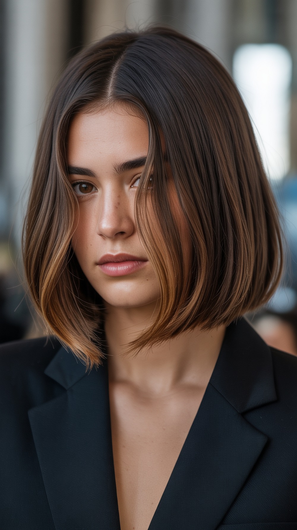 Classic Brunette Lob with Caramel Accent Pieces