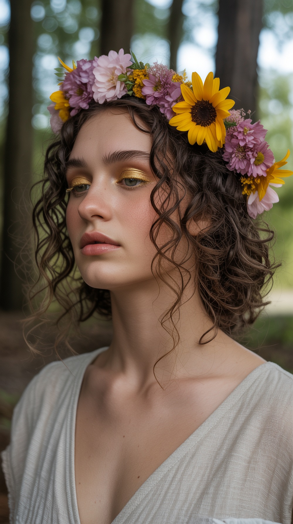 Curly Hair with Woven Flower Crown Hairstyle