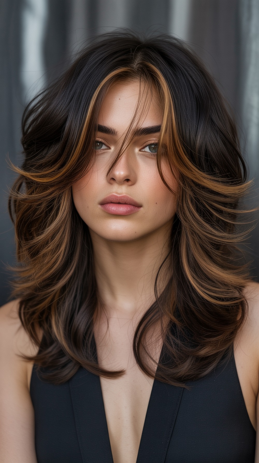 Dark Brunette Layers with Bold Caramel Highlights