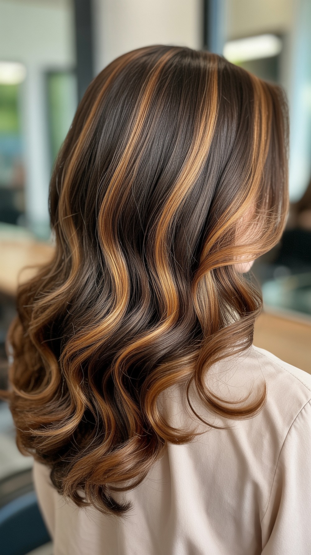 Dimensional Caramel Ribbons on Chocolate Hair
