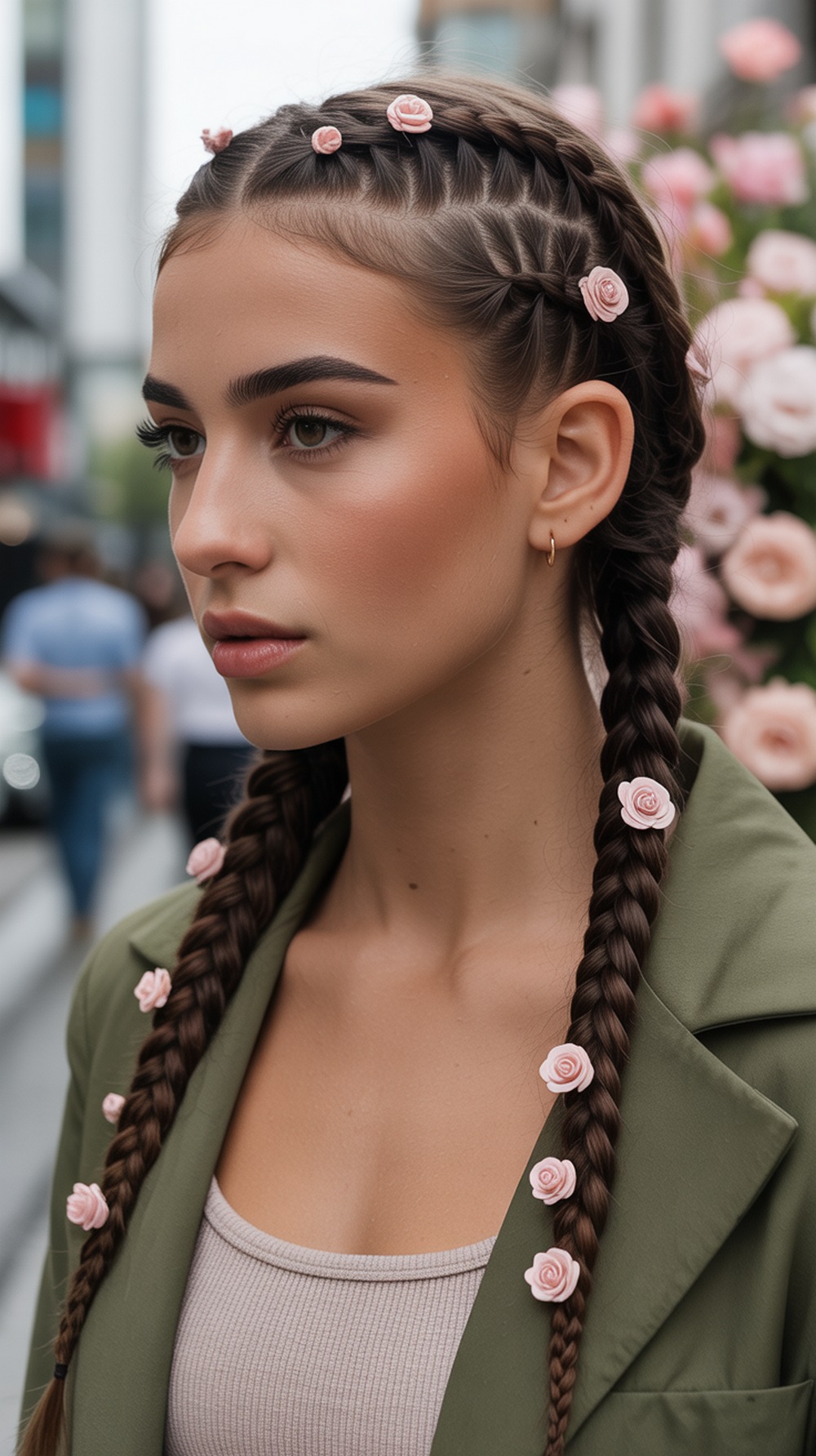 Dutch Braids with Rose Pins Hairstyle