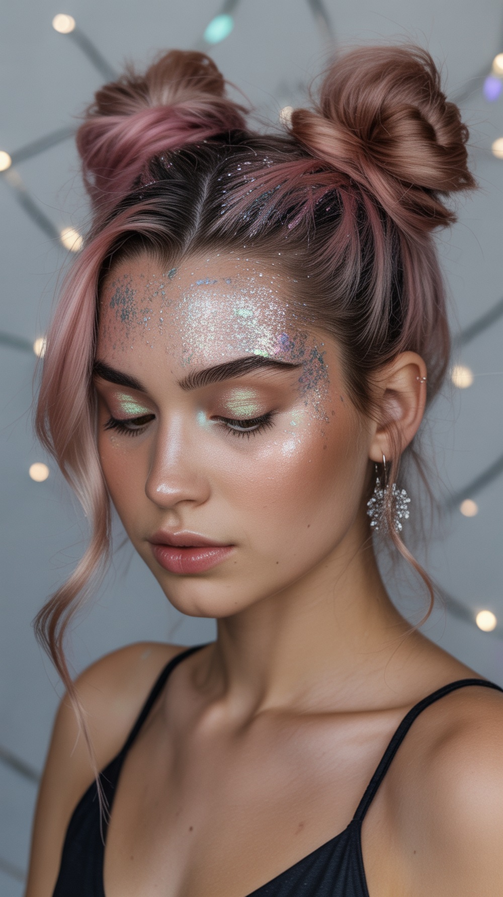 Half Up Space Buns with Glitter Roots