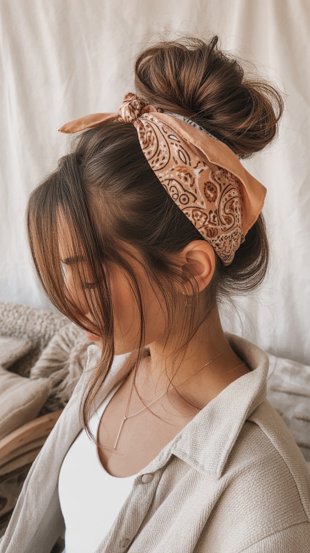 High Messy Bun with Printed Bandana
