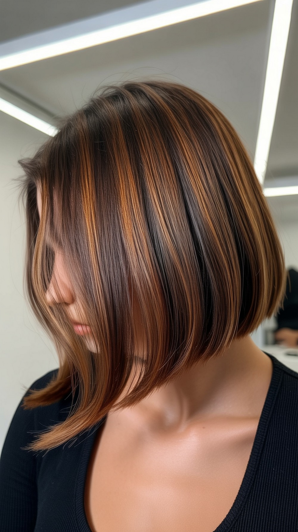 Highlighted Brown Lob with Glossy Caramel Tone