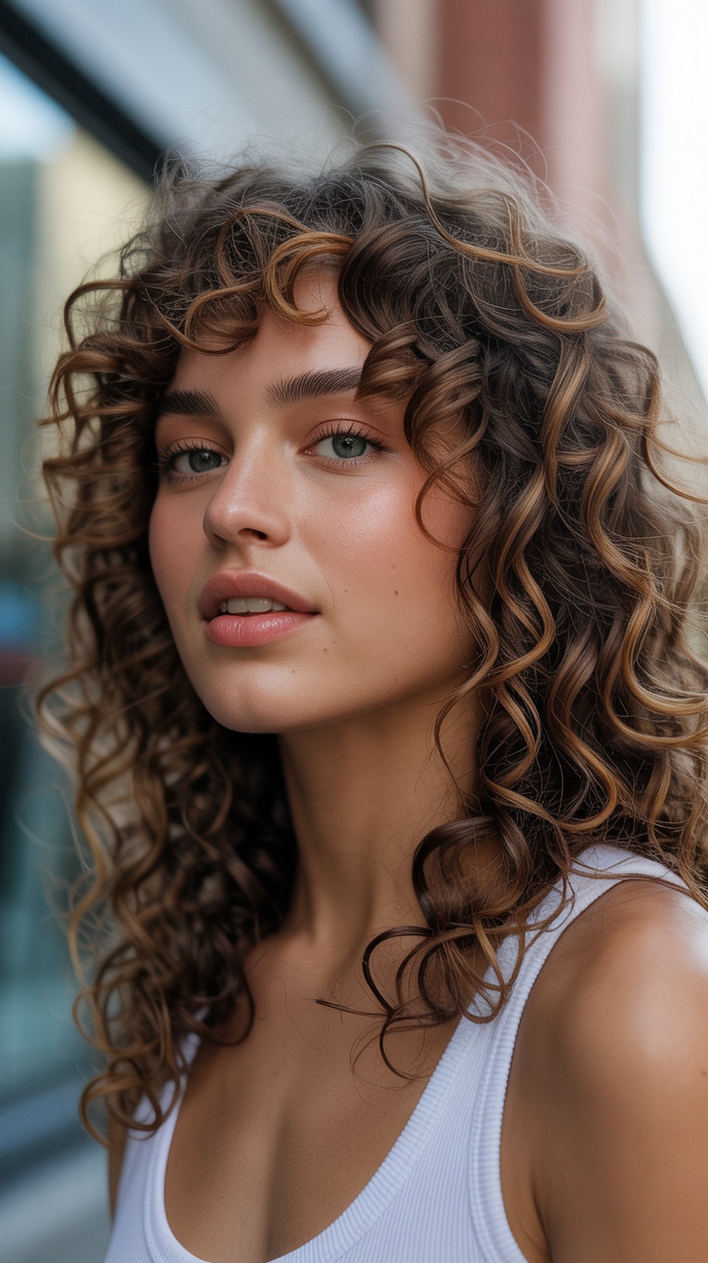 Honey Caramel Streaks on Brunette Curls