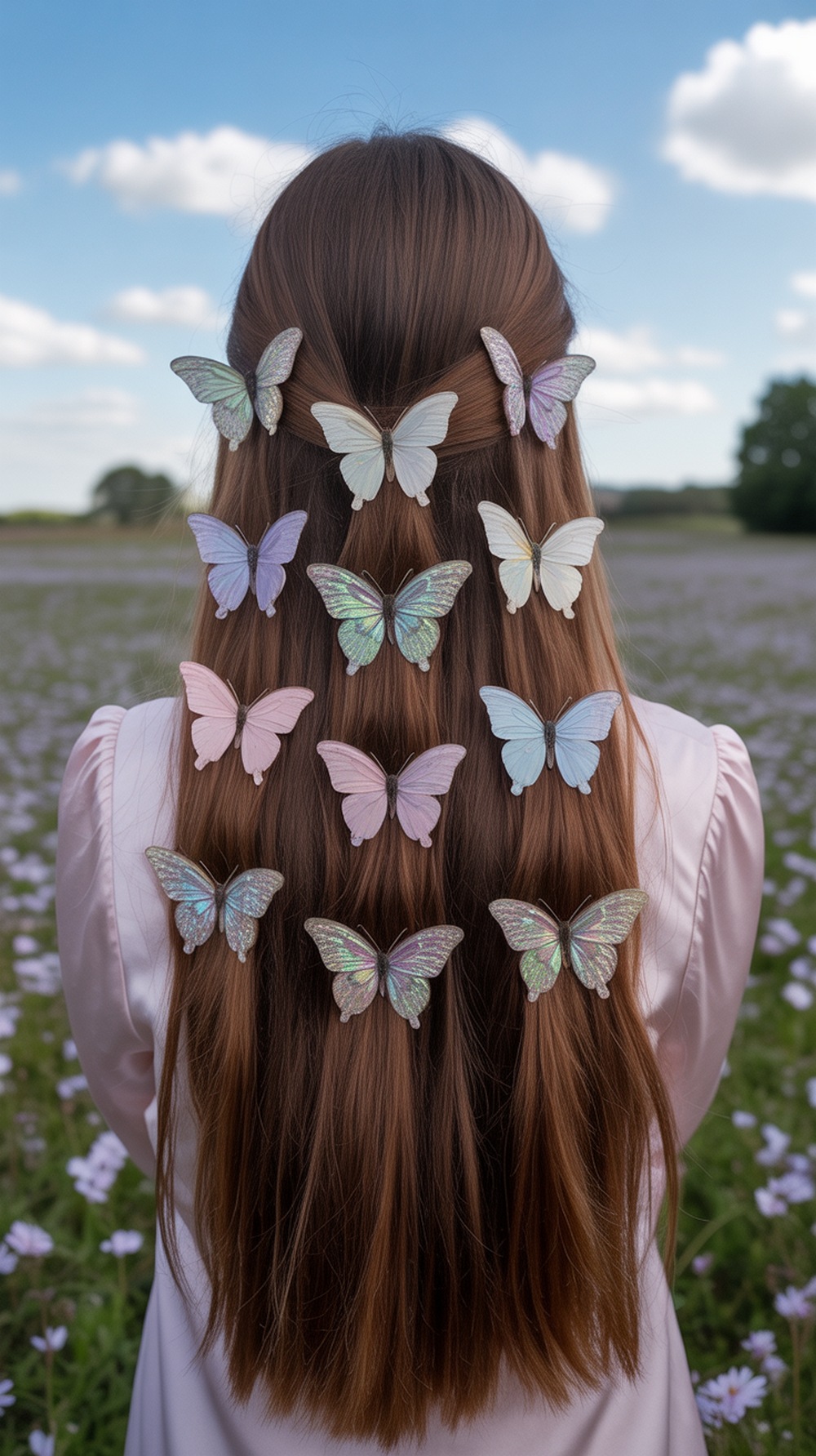 Long Straight Hair with Butterfly Barrettes