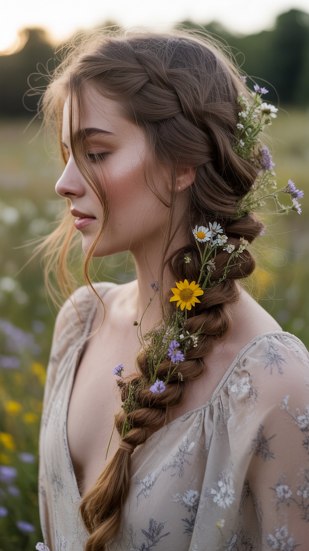 Loose Side Braid with Wildflowers Hairstyle