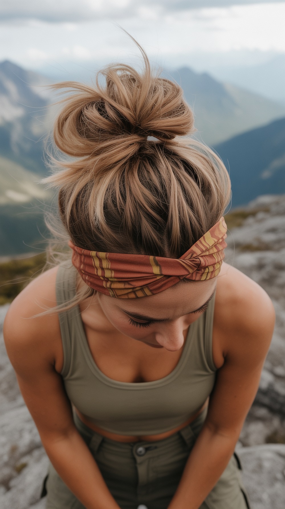 Messy Bun with Headband Hiking Hairstyle