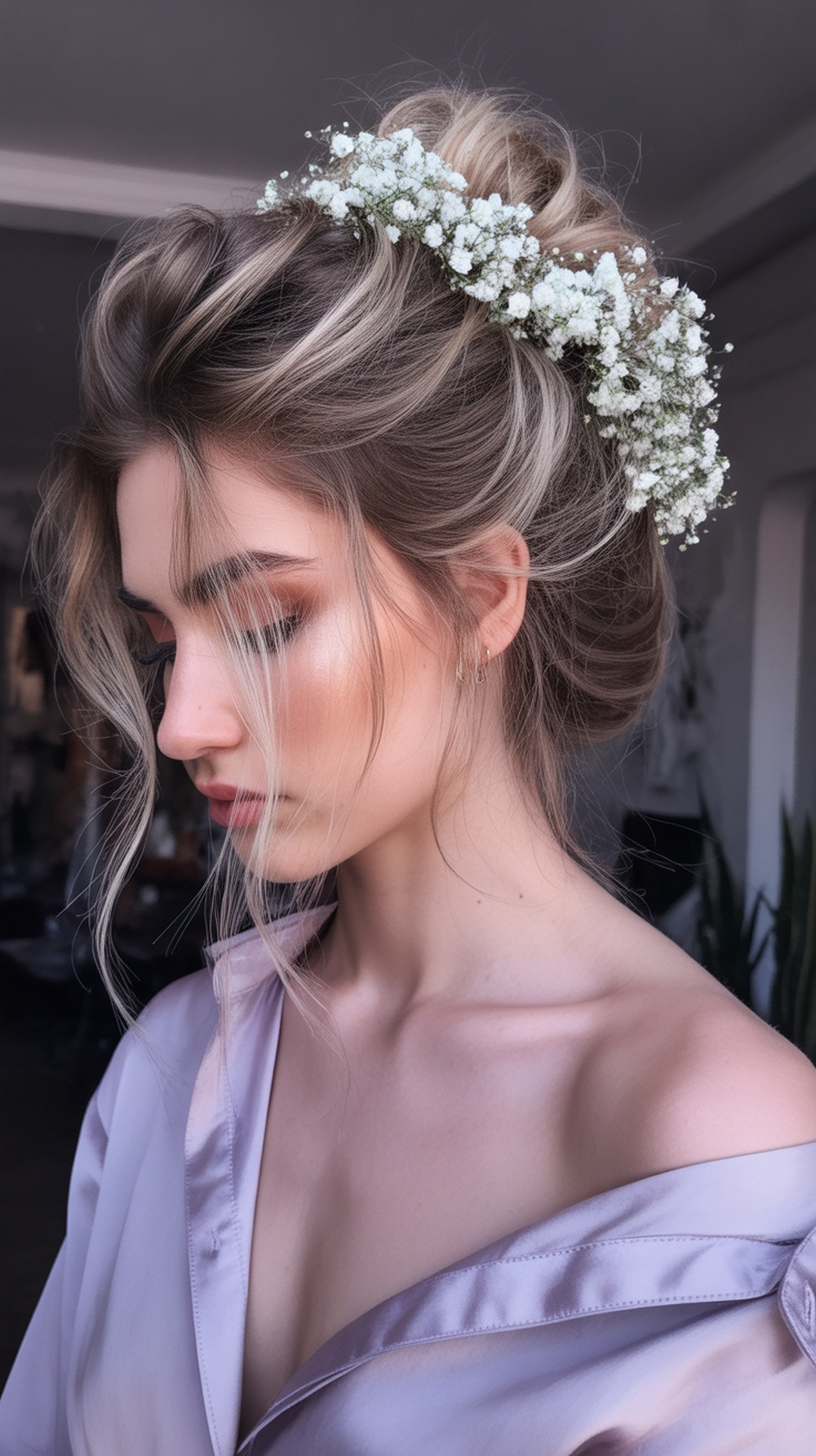 Messy Updo with Baby Breath Flowers Hairstyle