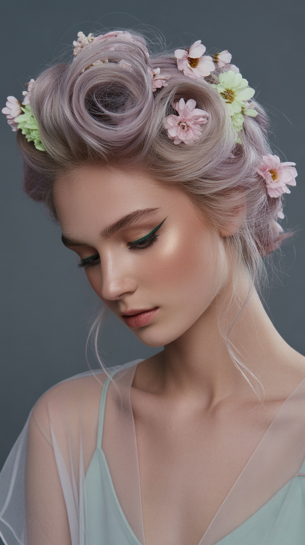 Rolled Updo with Pastel Flowers Hairstyle