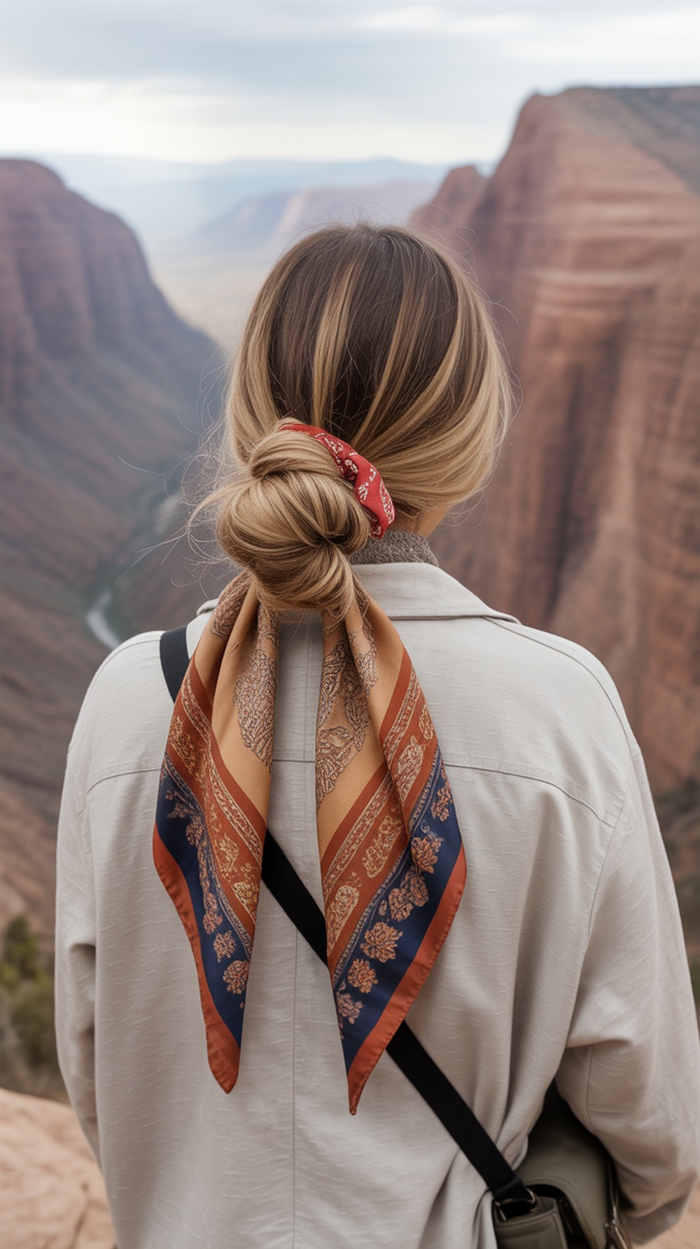 Scarf Wrapped Bun Hiking Hairstyle
