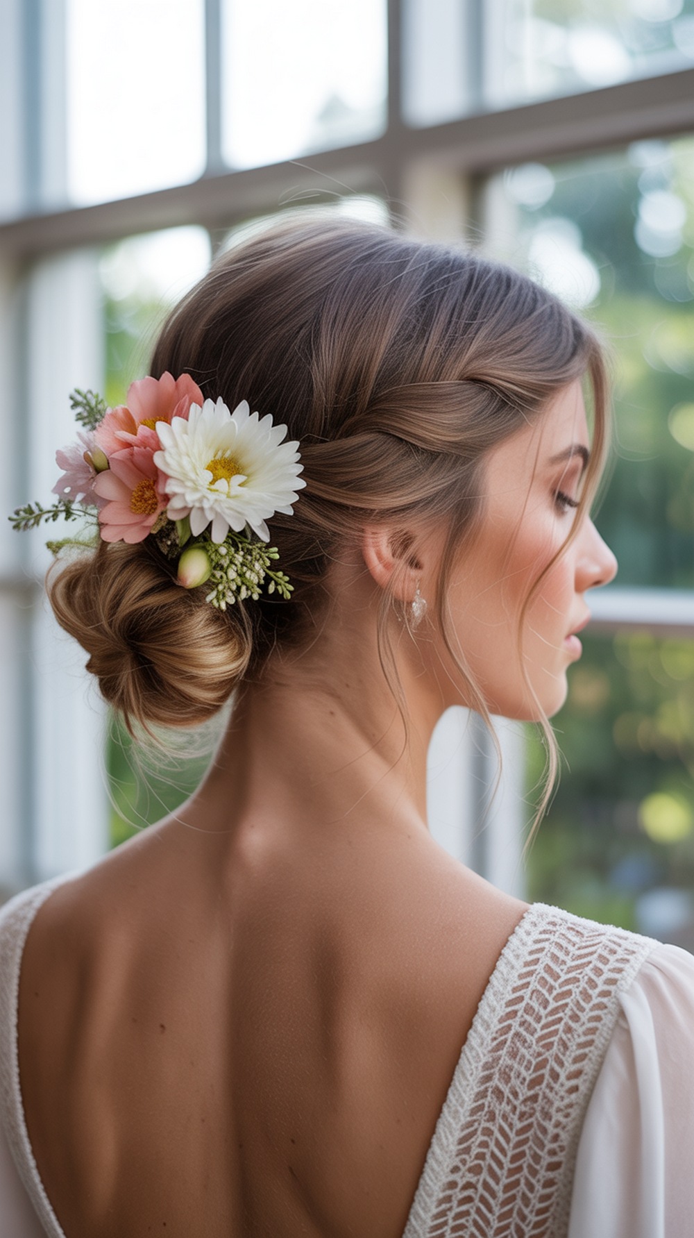 Twisted Low Bun with Fresh Flowers Hairstyle