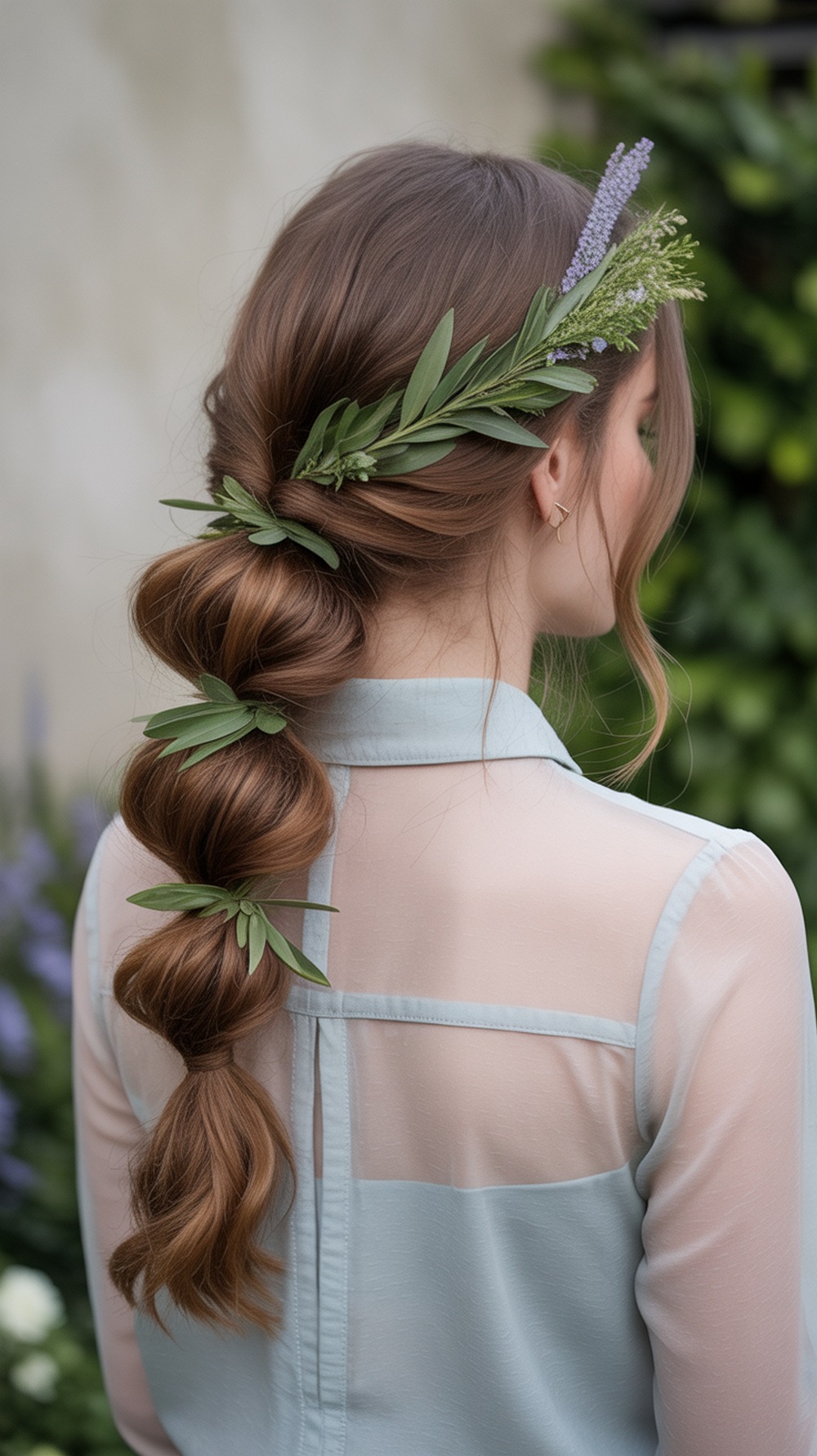 Twisted Ponytail with Leafy Florals Hairstyle