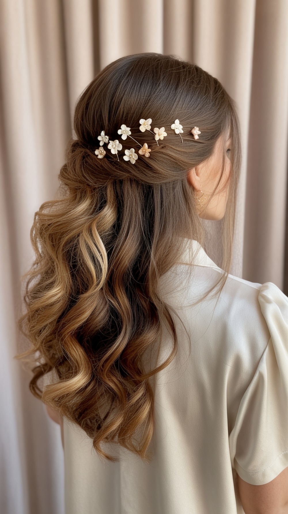 Voluminous Half Updo with Flower Hairpins Hairstyle
