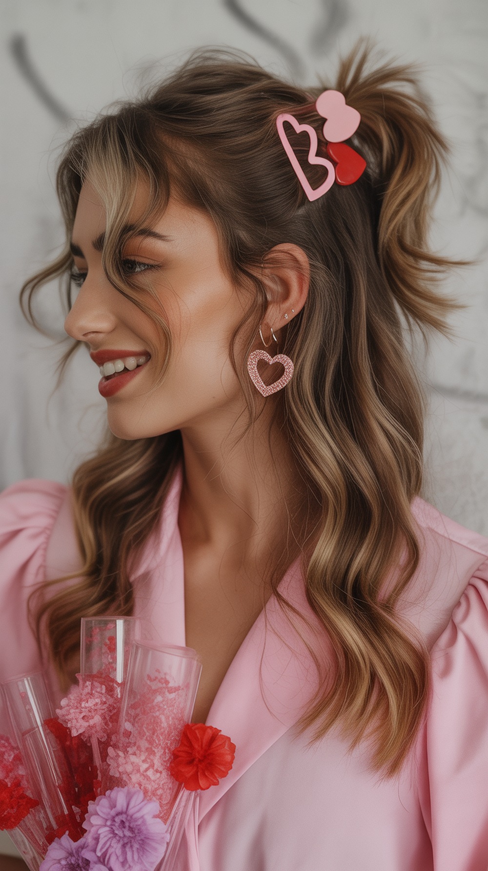 Wavy Half Ponytail with Heart Clips