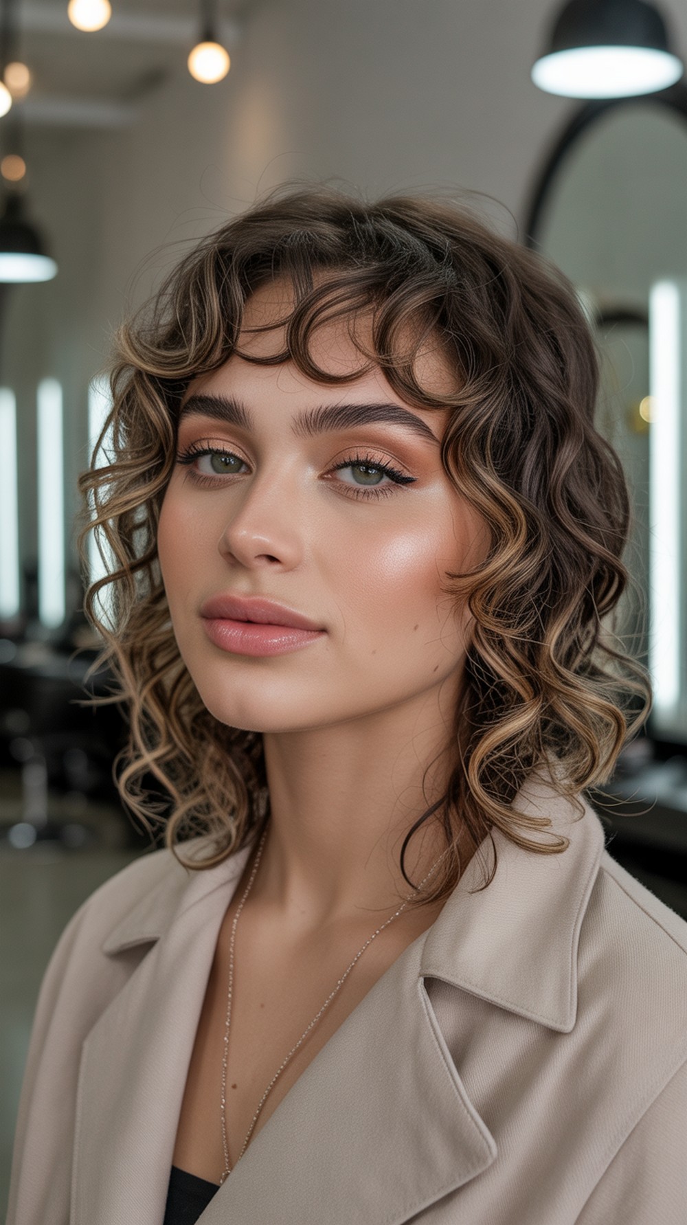 Curly Curtain Bangs + Mid Layers