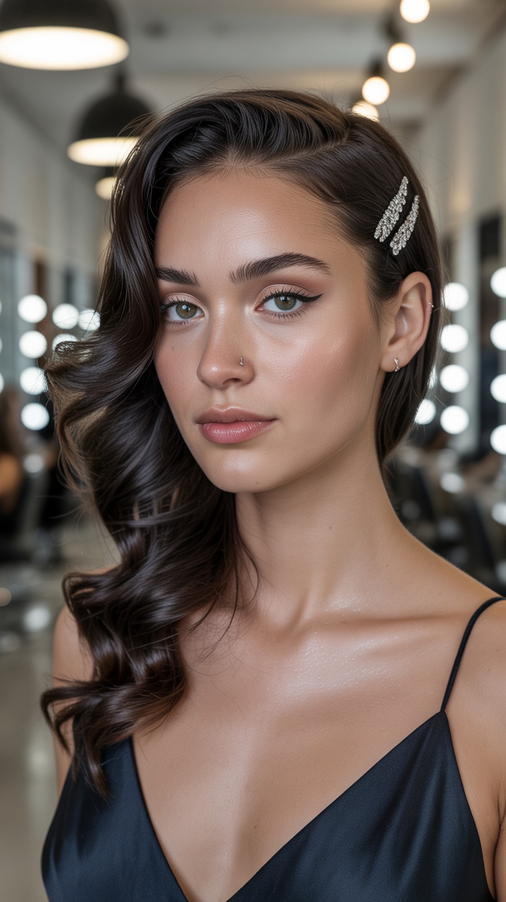 Side Swept Curls with Statement Pin