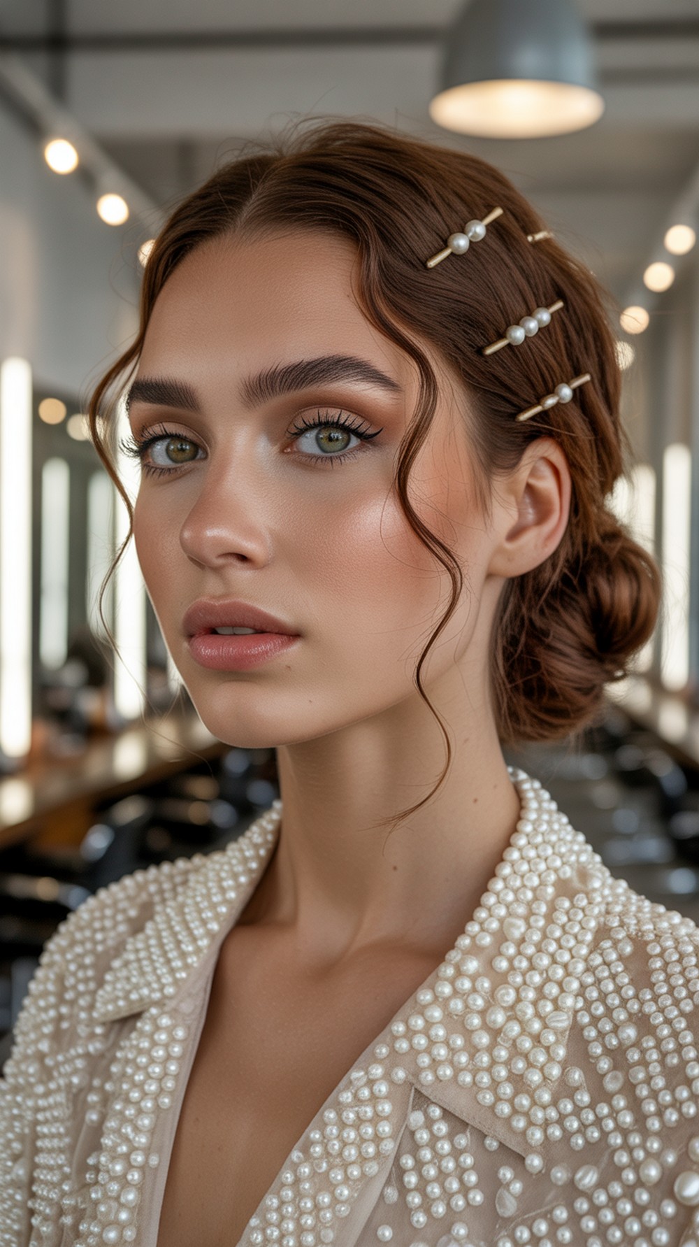Textured Low Bun with Pearl Pins