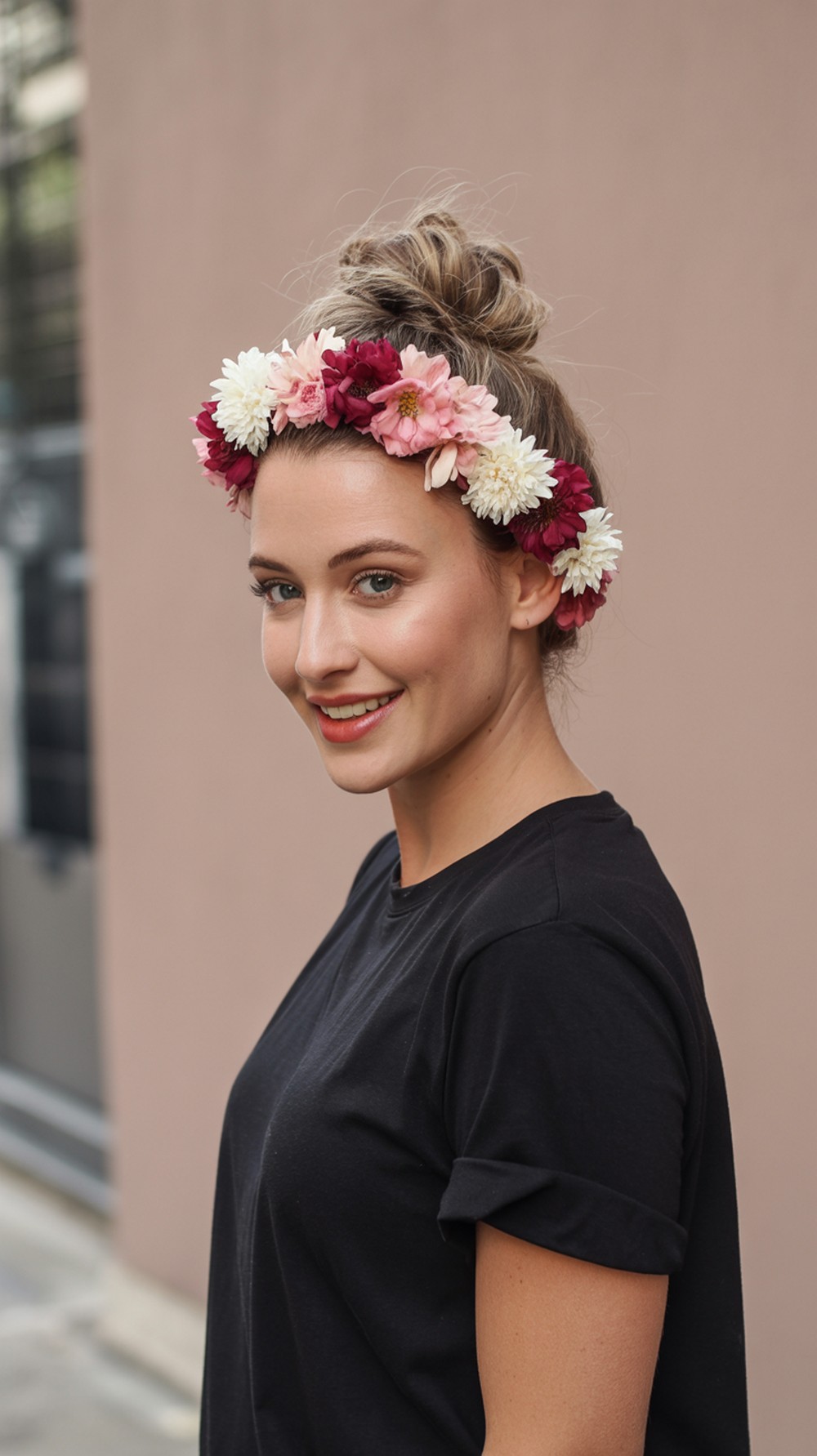Messy Top Bun + Statement Flowers