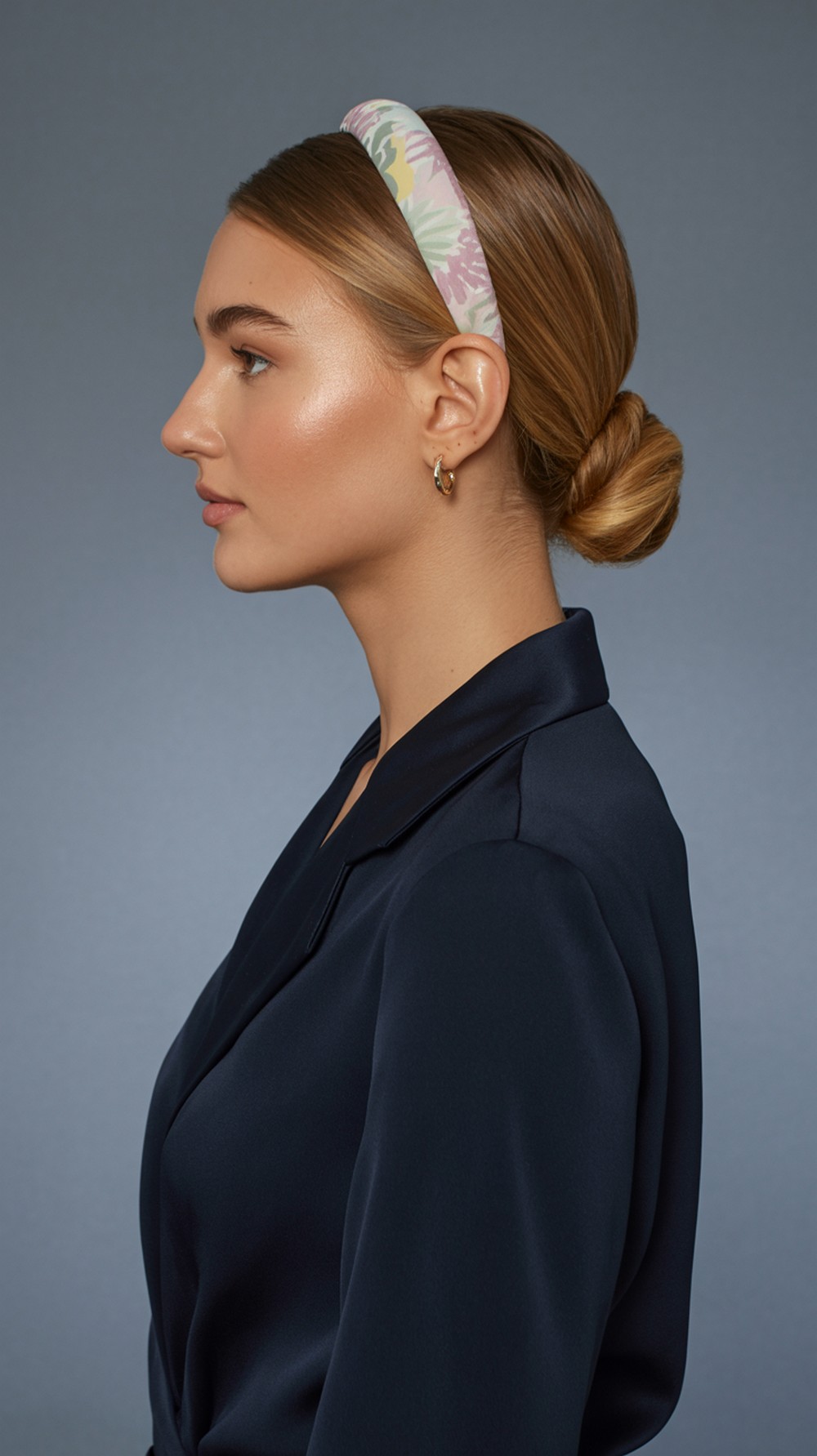 Sleek Low Bun + Thin Floral Band