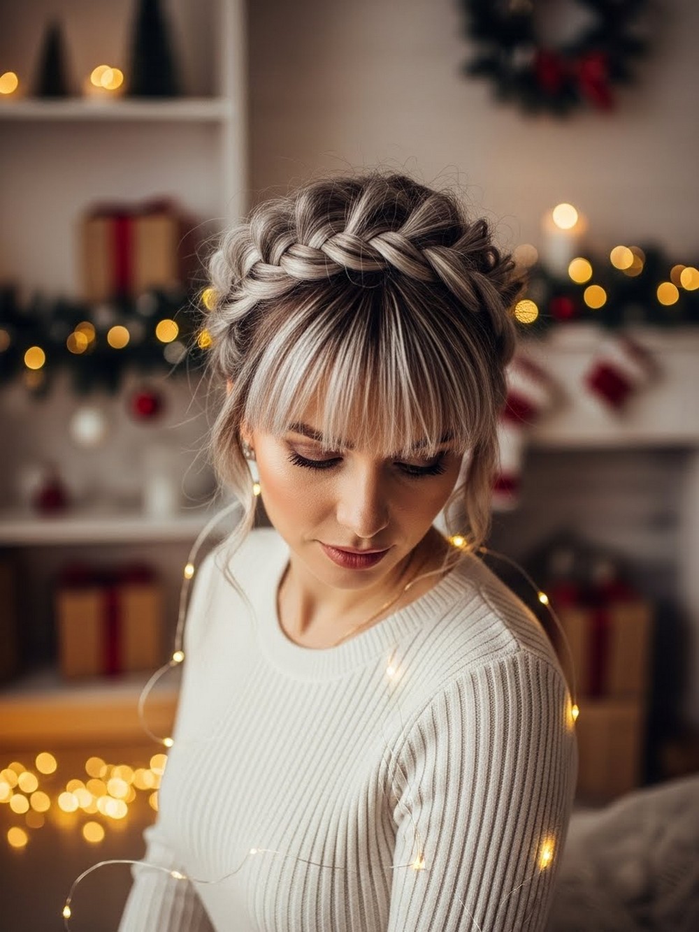 Braided Crown with Frosty Curtain Bangs