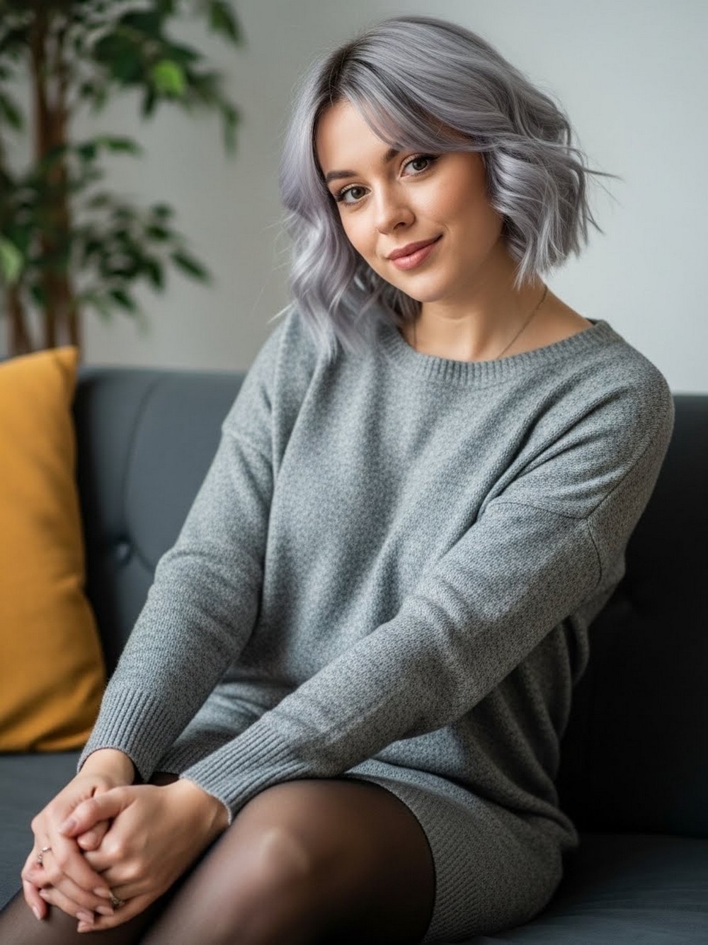 Frosty Wavy Lob with Curtain Bangs