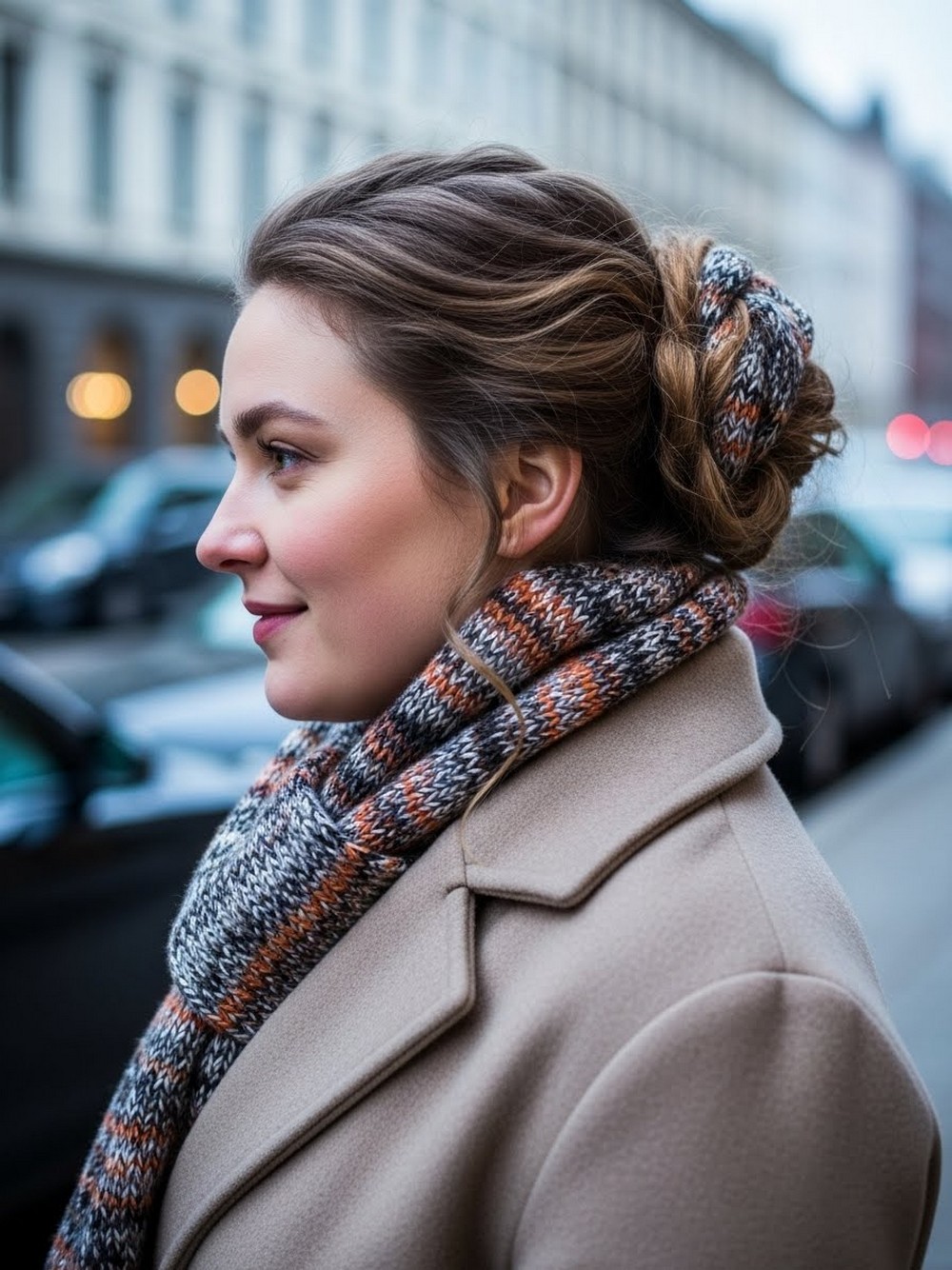 Low Nape Messy Bun with Scarf