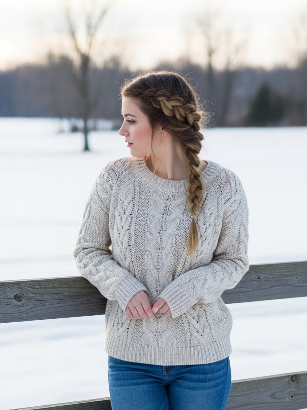 Snowy Side French Braid Over Shoulder