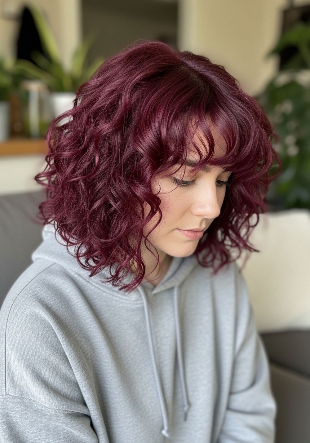 Deep Burgundy Curls with Dark Root Melt