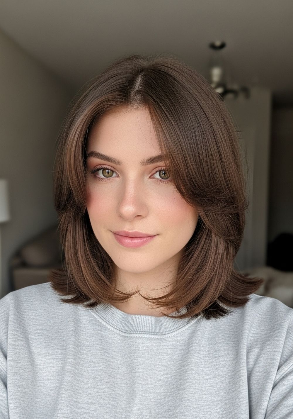 Face-Framing Multi Layers with Deep Side Bang Hairstyle