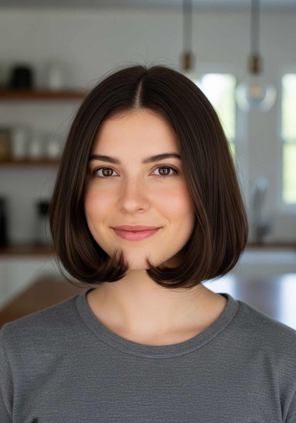 Flipped-In Rich Brunette Blunt Lob Hairstyle