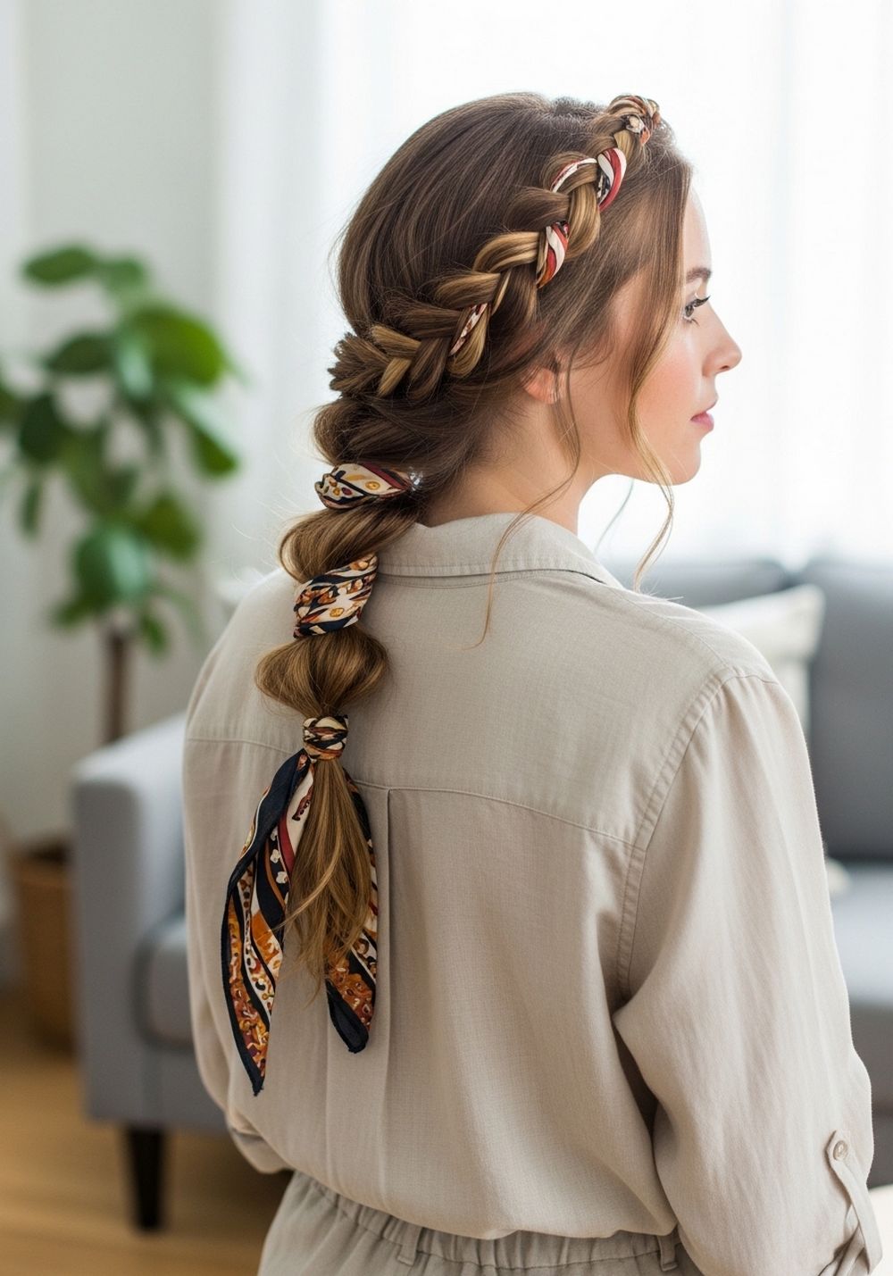 Low Boho Braid With Woven Scarf
