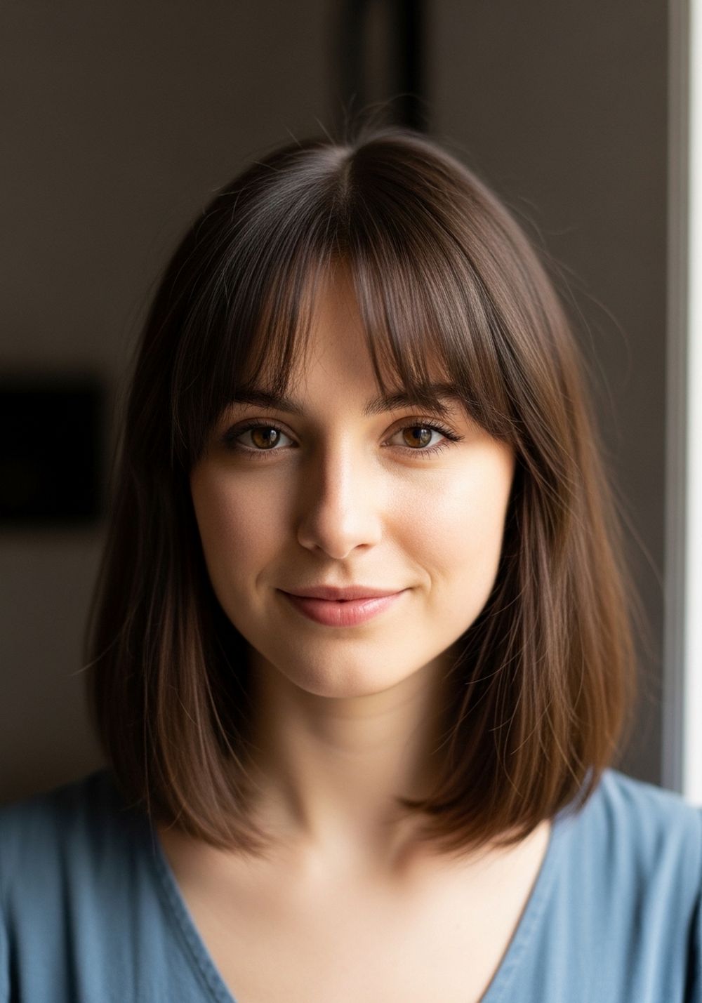 Rich Brunette Blunt Lob With Curtain Bangs Hairstyle