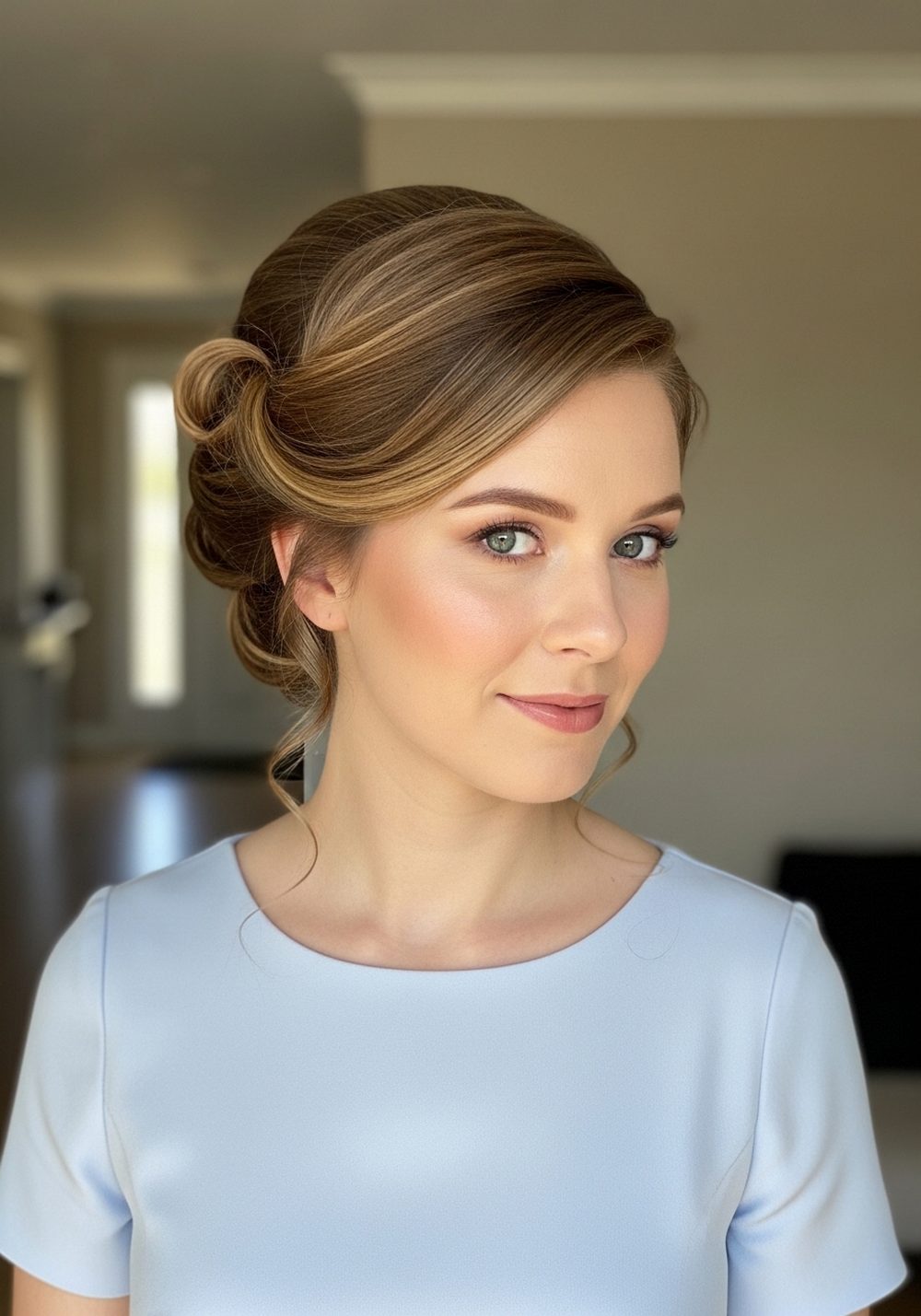 A-Line Dress With Romantic Pinned Updo Hairstyle