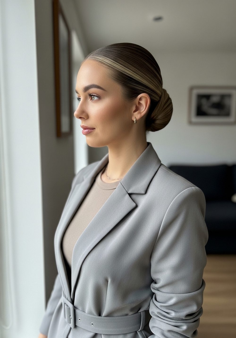 Belted Blazer Sharp Middle Part Sleek Low Bun Hairstyle