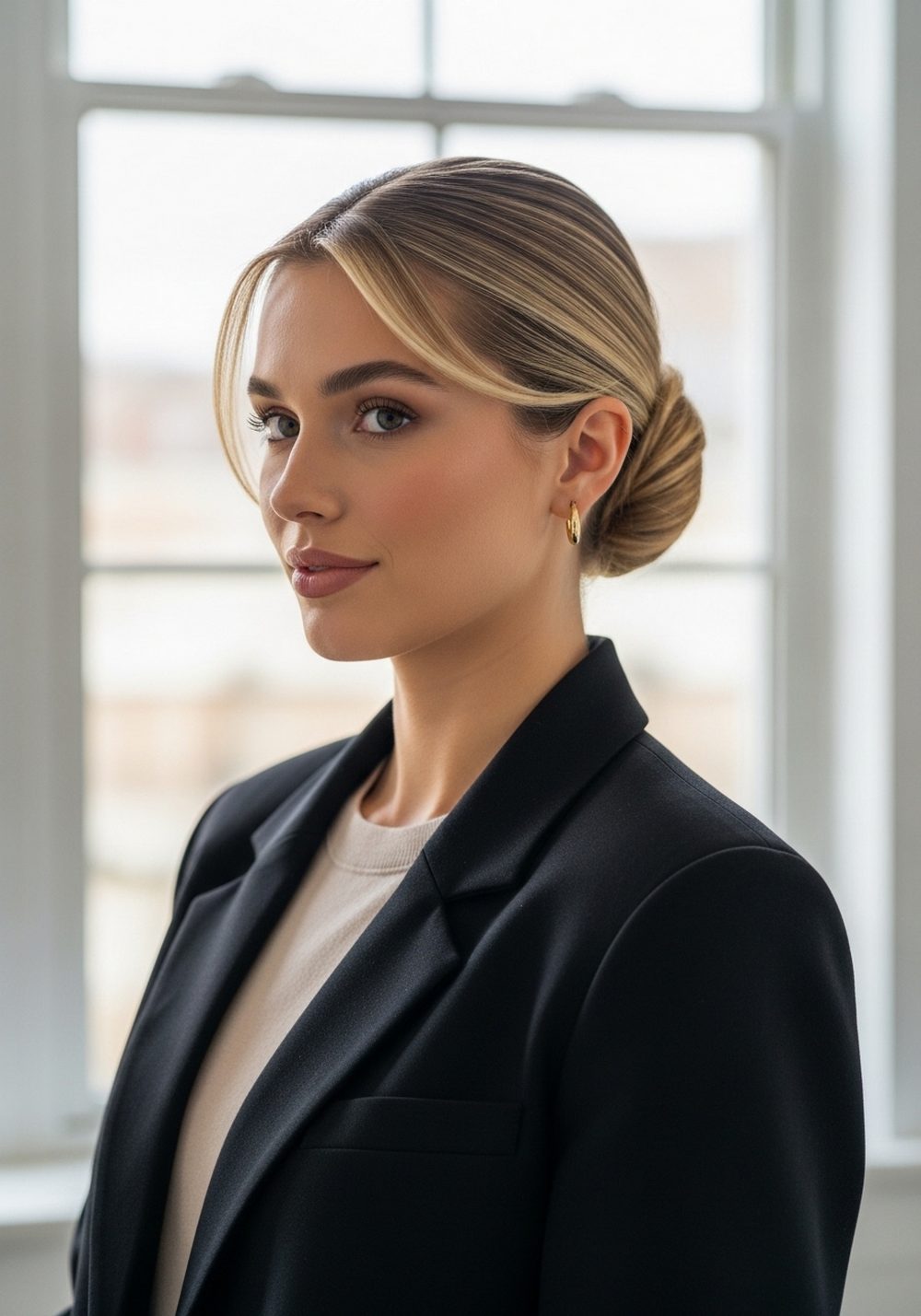 Black Blazer Gold Hoop Sleek Low Bun Hairstyle