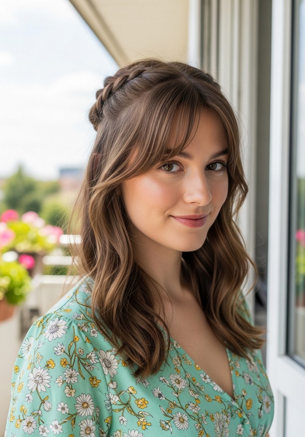 Braided Crown Accent With Soft Curtain Bangs Hairstyle