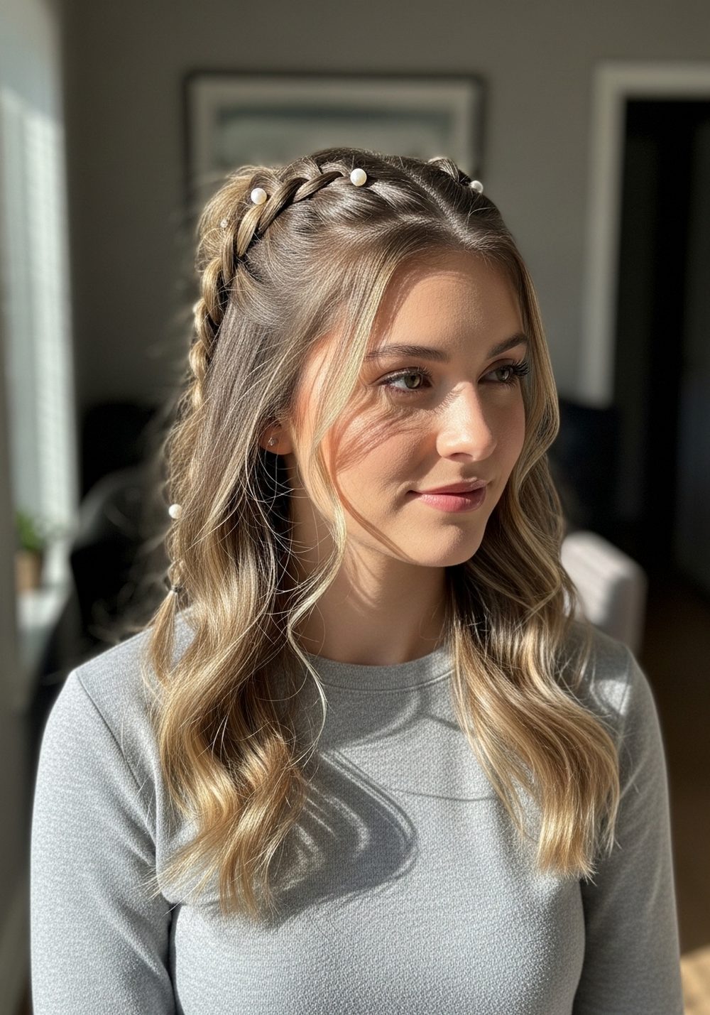 Braided Crown With Pearl Pins Hairstyle