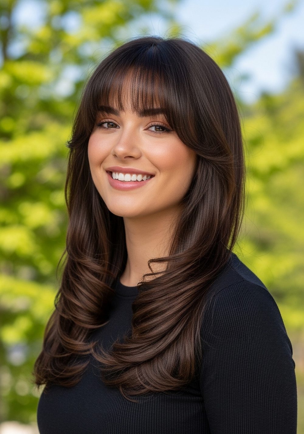 Butterfly Bangs With Flipped Ends Long Layers Hairstyle