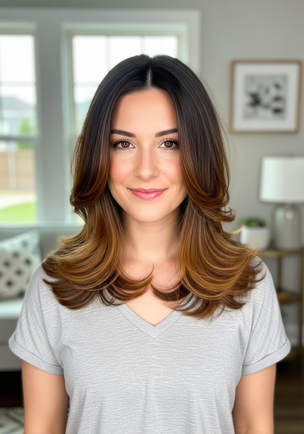 Caramel-Tipped Layered Brunette Hairstyle